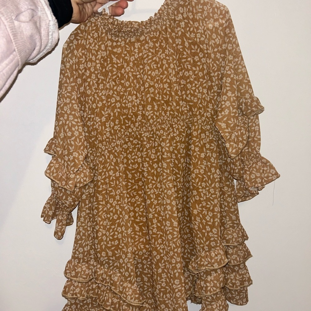 Brown Floral Ruffle Dress